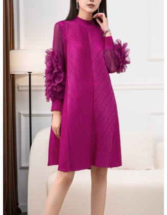 Embroidered Pleated Solid Color Long Sleeves Loose Round-neck Midi Dresses