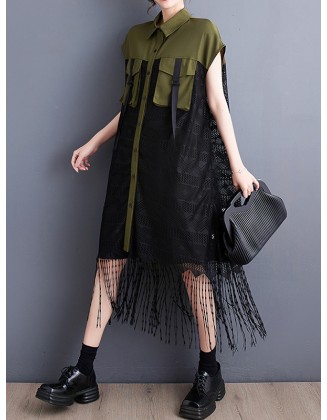 Gauze Pockets Split-Joint Tasseled Short Sleeves Lapel Midi Dresses