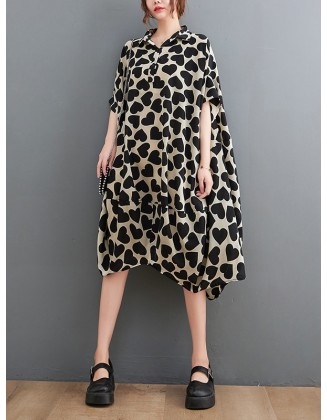 Heart Print Batwing Sleeves Irregular clipping Lapel Midi Dresses