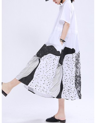 Contrast Color Drawstring Printed Tied Waist Loose Short Sleeves Lapel Shirt Dress Midi Dresses