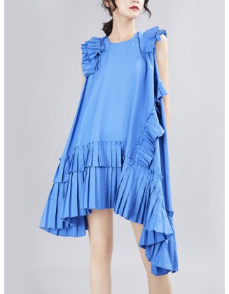 Asymmetric Pleated Solid Color Split-Joint Flying Sleeves Loose Round-Neck Midi Dresses