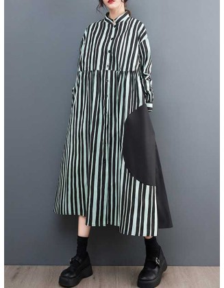 Buttoned Split-Joint Striped Long Sleeves Loose Mock Neck Midi Dresses