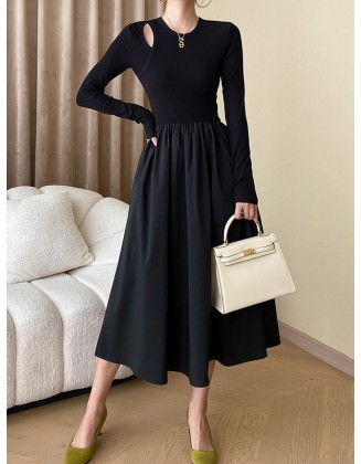 Elasticity Hollow Solid Color Split-Joint A-Line Long Sleeves Round-Neck Midi Dresses