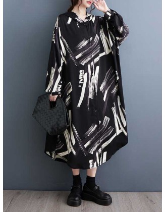 Buttoned Hooded Printed Long Sleeves Loose Outerwear Midi Dresses