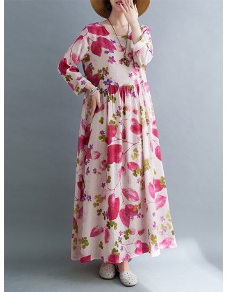 Flower Print Split-Joint Long Sleeves Loose Round-Neck Midi Dresses