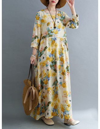 Flower Print Split-Joint Long Sleeves Loose Round-Neck Midi Dresses