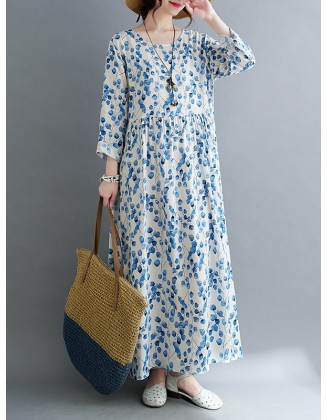 Flower Print Split-Joint Long Sleeves Loose Round-Neck Midi Dresses