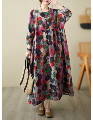 Flower Print Pockets Split-Joint Long Sleeves Loose Round-Neck Midi Dresses