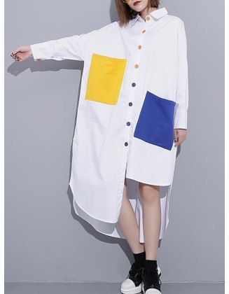 Long Sleeves Loose Asymmetric Buttoned Contrast Color Pockets Lapel Midi Dresses Shirt Dress