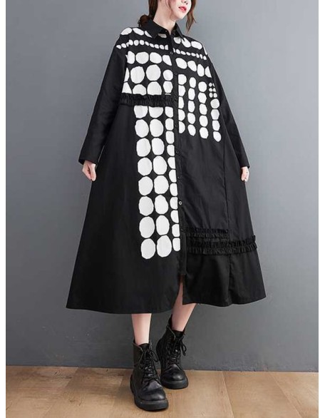 Asymmetric Buttoned Polka-Dot A-Line Long Sleeves Lapel Midi Dresses