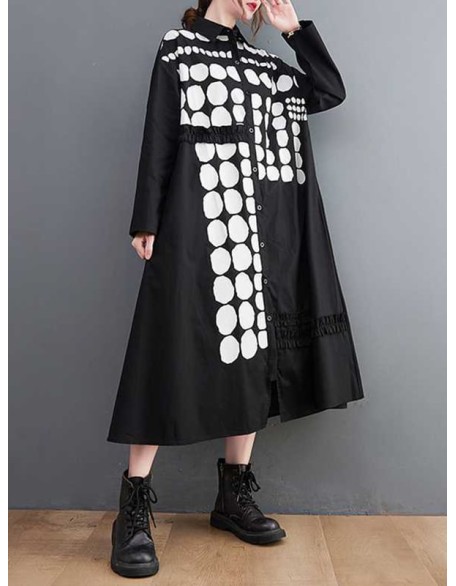 Asymmetric Buttoned Polka-Dot A-Line Long Sleeves Lapel Midi Dresses