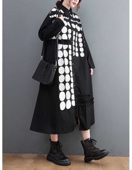 Asymmetric Buttoned Polka-Dot A-Line Long Sleeves Lapel Midi Dresses