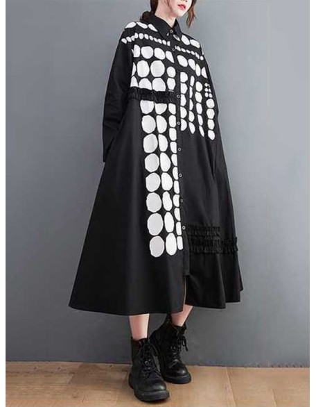 Asymmetric Buttoned Polka-Dot A-Line Long Sleeves Lapel Midi Dresses