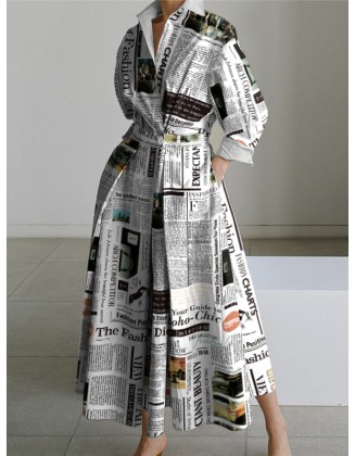 Long Sleeves Loose Letter Print Lapel Collar Midi Dresses