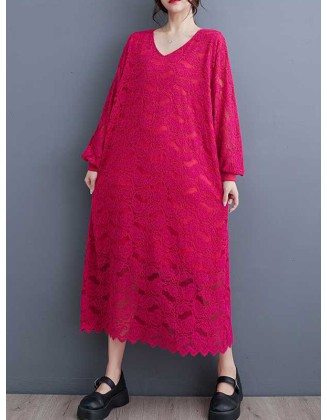 Jacquard Bishop Sleeve Long Sleeves V-Neck Midi Dresses