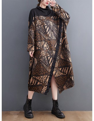 Asymmetric Printed Split-Front Split-Joint Long Sleeves Loose Mock Neck Midi Dresses