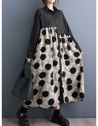 Asymmetric Buttoned Polka-Dot Split-Joint A-Line Long Sleeves Lapel Shirt Dress Midi Dresses