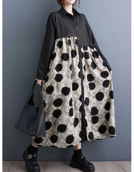 Asymmetric Buttoned Polka-Dot Split-Joint A-Line Long Sleeves Lapel Shirt Dress Midi Dresses