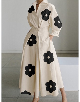 Long Sleeves Loose Contrast Color Floral Printed Pleated Tied Waist Lapel Shirt Dress