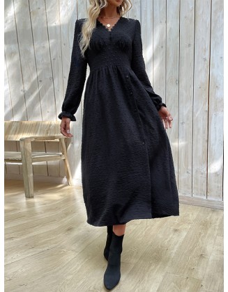 Buttoned Elasticity Solid Color Split-Side A-Line Long Sleeves V-Neck Midi Dresses