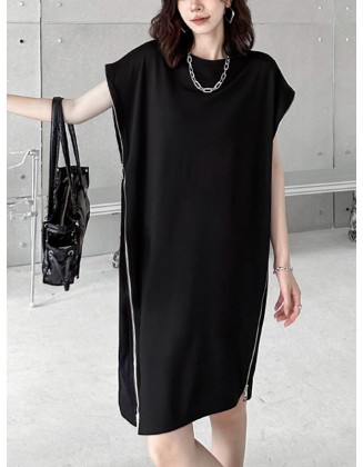 Loose Short Sleeves Asymmetric Zipper Round-Neck Dresses Midi Dresses