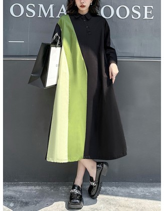 Long Sleeves Loose Asymmetric Buttoned Contrast Color Split-Joint Lapel Midi Dresses Shirt Dress