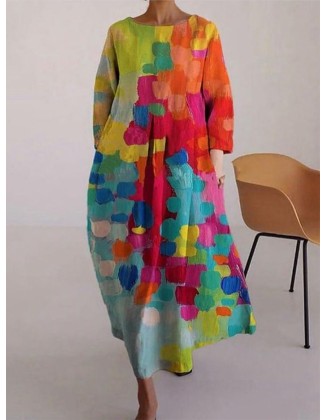 Loose Colorful Contrast Color Printed Round-Neck Midi Dresses