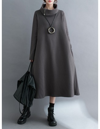 Asymmetric Solid Color Zipper A-Line Long Sleeves High Neck Midi Dresses