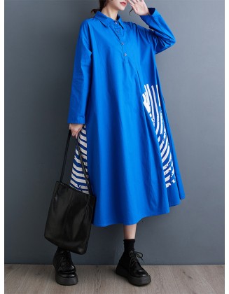 Asymmetric Buttoned Pleated Printed Split-Joint A-Line Long Sleeves Lapel Shirt Dress Midi Dresses