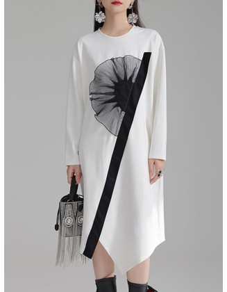 Asymmetric Three-Dimensional Flower High-Low Long Sleeves Round-Neck Midi Dresses