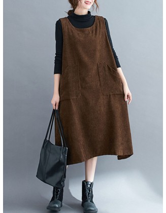 Corduroy Sleeveless Split-Joint Round-Neck Midi Dress