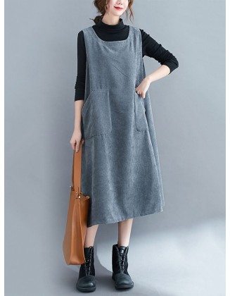 Corduroy Sleeveless Split-Joint Round-Neck Midi Dress