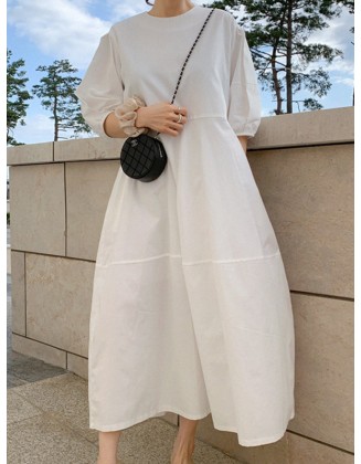 Casual Round-Neck Bishop Sleeve Loose Solid Color Midi Dress