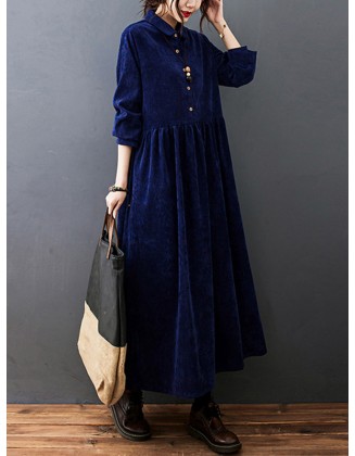 Vintage Split-Joint Solid Color Long Sleeves Lapel A-Line Corduroy Midi Dress