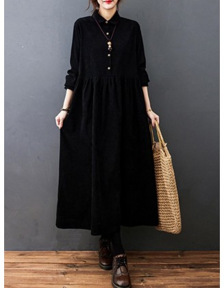 Vintage Split-Joint Solid Color Long Sleeves Lapel A-Line Corduroy Midi Dress