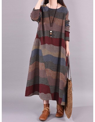 Artistic Retro Loose Ramie Cotton Striped Multi-Colored Round-Neck Long Sleeves Midi Dress