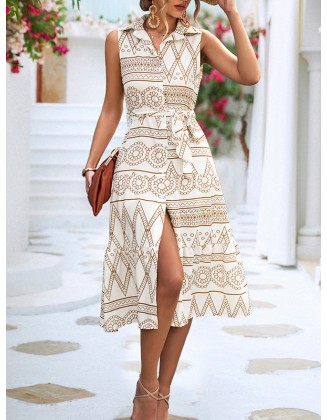 Buttoned Printed Tied Waist Sleeveless Lapel Collar Midi Dresses