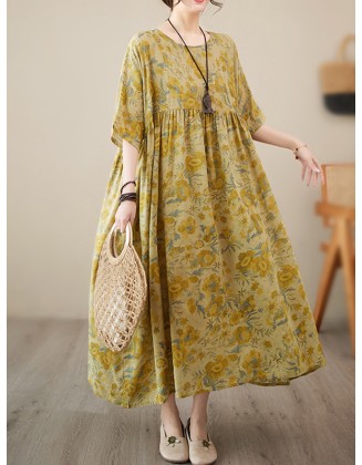 Floral Printed Pleated Split-Joint Loose Raglan Sleeve Round-Neck Midi Dresses