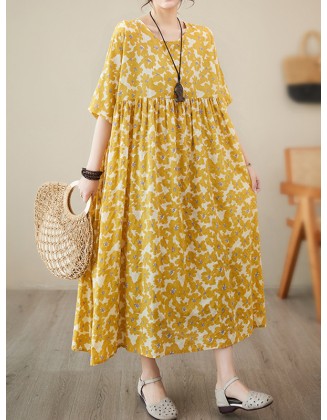 Floral Printed Pleated Split-Joint Loose Raglan Sleeve Round-Neck Midi Dresses