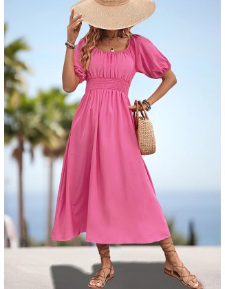 Elasticity Pleated Solid Color Split-Joint A-Line Bishop Sleeve Off-The-Shoulder Midi Dresses