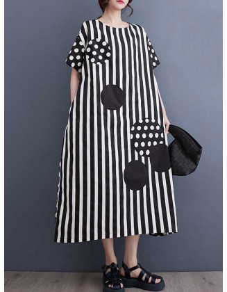 Loose Short Sleeves Polka-Dot Striped Round-Neck Midi Dresses