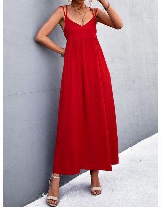 Backless Solid Color Tied A-Line High Waisted Deep V-Neck Slip Dress Midi Dresses