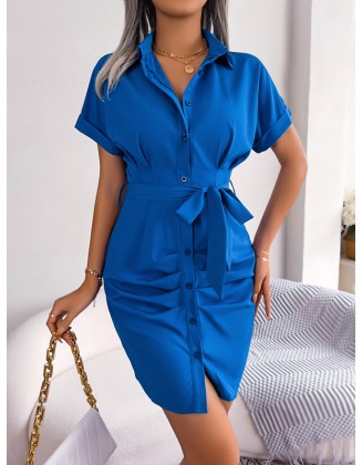 Bandage Pleated Solid Color Short Sleeves Lapel Mini Dresses