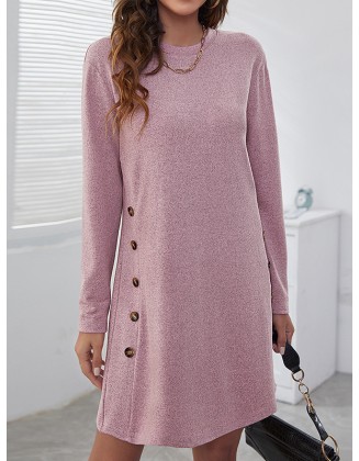 Asymmetric Buttoned Long Sleeves Loose Round-Neck Mini Dresses