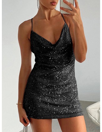 Back Cross Sequined Solid Color Skinny Sleeveless Spaghetti-Neck Mini Dresses