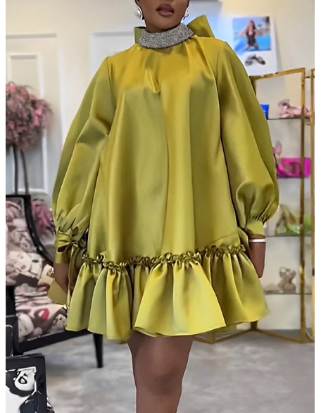 A-Line Long Sleeves Bowknot Pleated Rhine Stones Ruffled Solid Color Mock Neck Mini Dresses