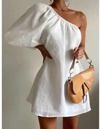 Asymmetric Elasticity Solid Color Loose Three-Quarter Sleeves One-Shoulder Mini Dresses