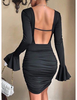 Backless Pleated Solid Color Tied Bodycon Flared Sleeves Square-Neck Mini Dresses