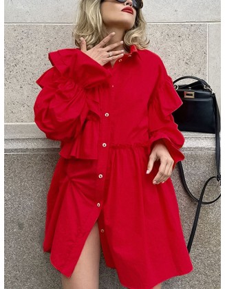 Asymmetric Buttoned Elasticity Layered Ruffled Solid Color High-Low Long Sleeves Lapel Mini Dresses