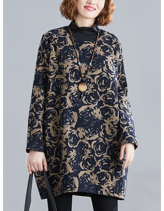 Artistic Retro Loose Long Sleeves Keep Warm Floral Printed High-Neck Mini Dresses